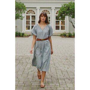 Never A Wallflower Blue Stripe Gathered V-Neck Midi Dress $354